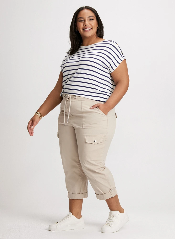 Buttoned Shoulder Striped T-Shirt & Cotton Drawstring Waist Cargo Capris