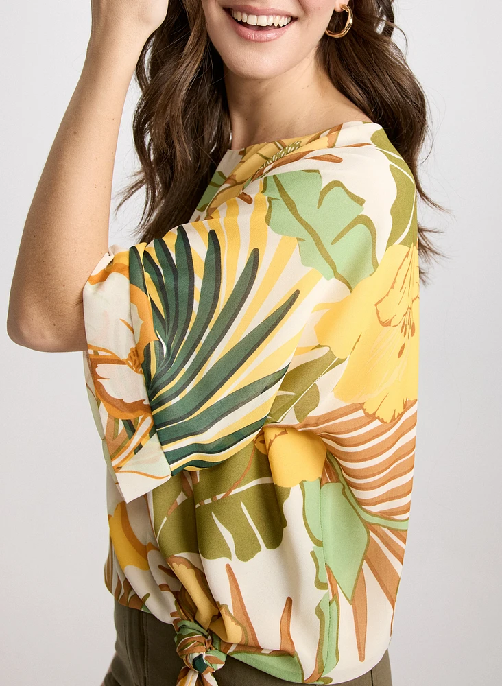 Tie-Hem Tropical Print Top