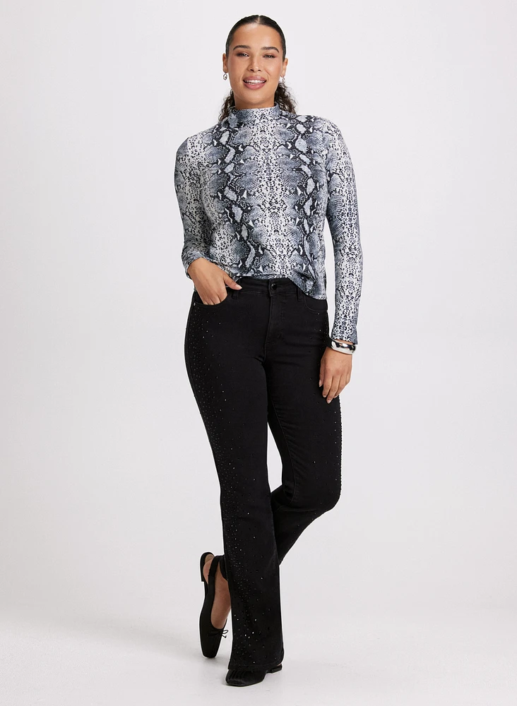 Snake Print Turtleneck Top & Straight-Leg Jeans