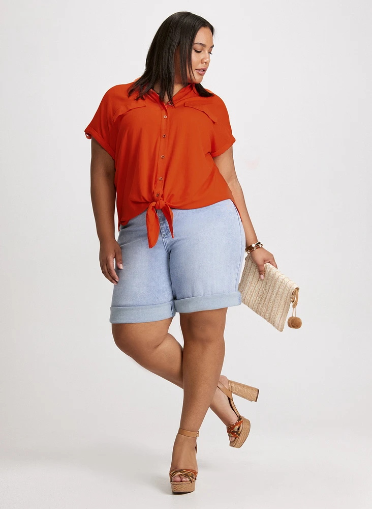 Tie Detail Blouse & Denim Bermuda Shorts