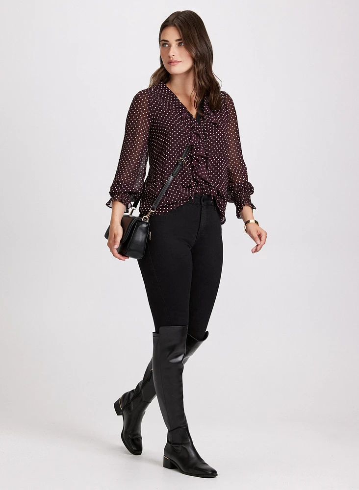 Polka Dot Ruffled Blouse & Slim Leg Jeans