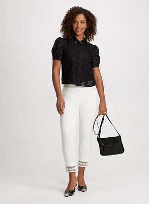 Puff Sleeve Lace Blouse & Lace Hem Pull-On Pants