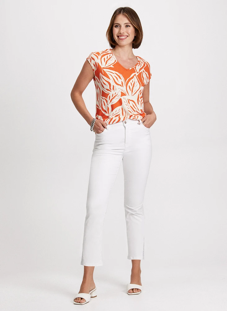 Leaf Print Top & Rhinestone Trim Jeans