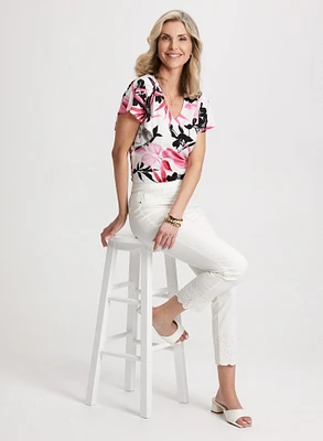 Floral Flutter Sleeve Top & Embroidered Pull-On Jeans