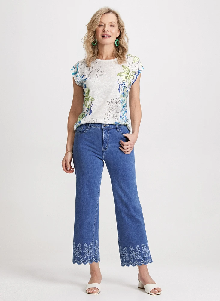 Floral Burnout T-Shirt & Embroidered Hem Jeans