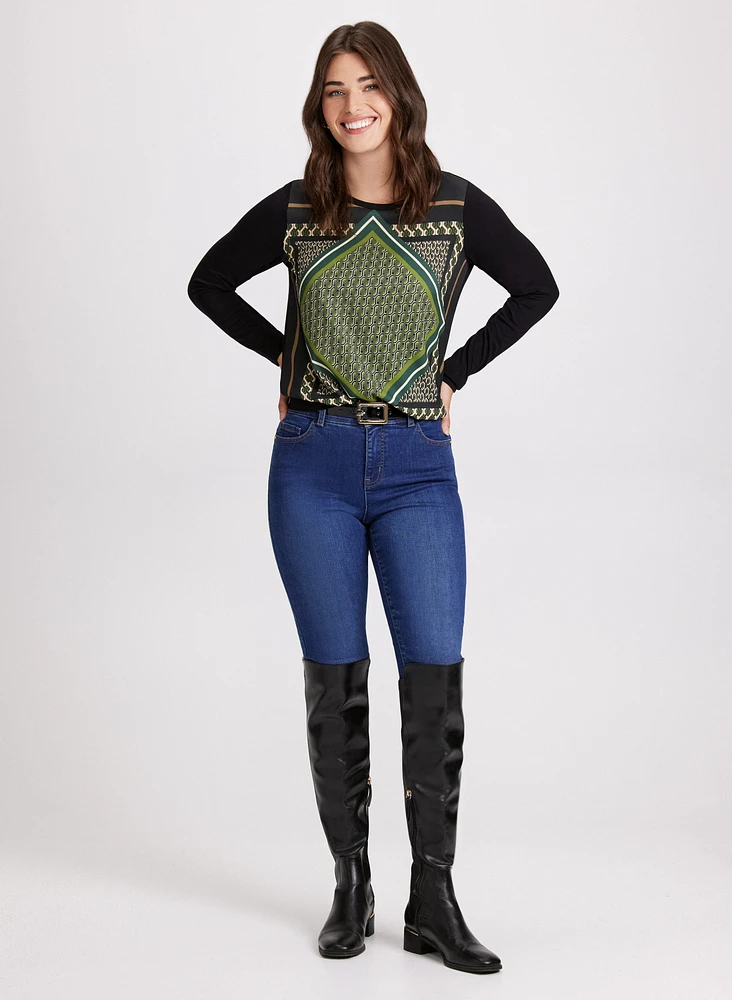 Geometric Print Top & Slim Leg Jeans