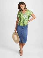 Slit-Hem Denim Skirt & Leaf Print Top