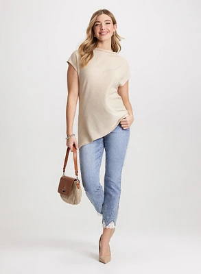 Asymmetric Funnel Neck Top & Lace Hem Ankle Leg Jeans