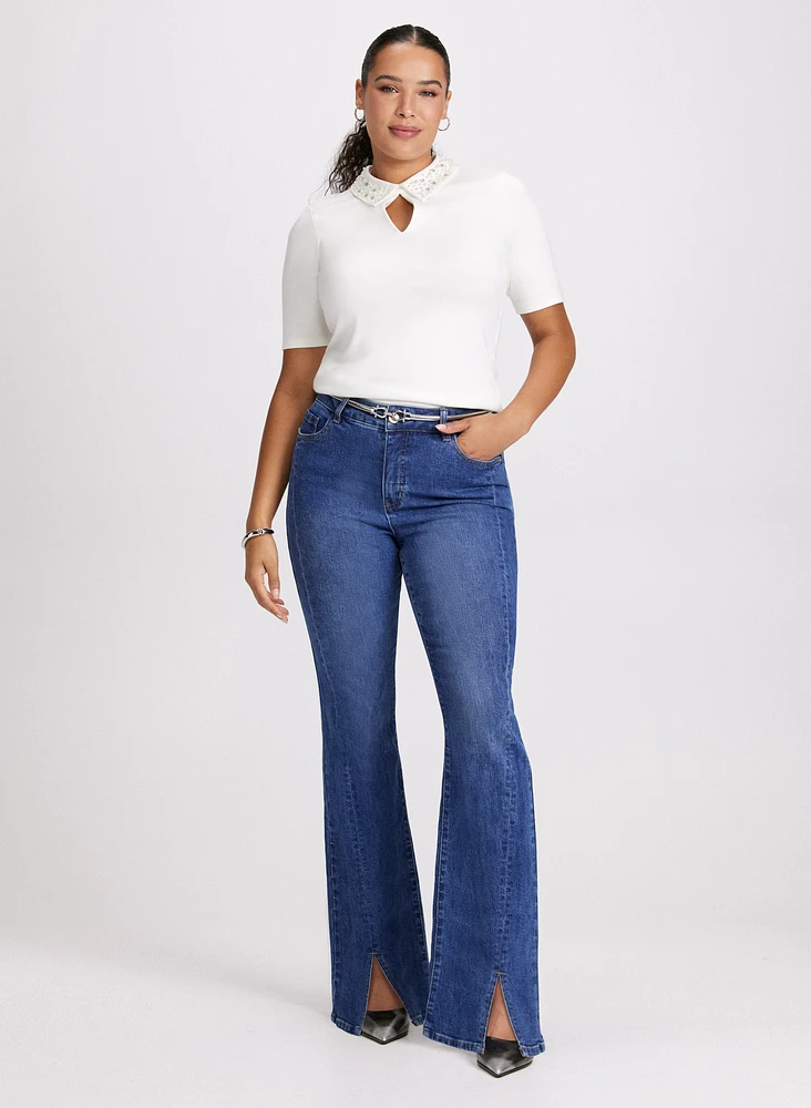 Embellished Collar Top & Flared Slit Jeans