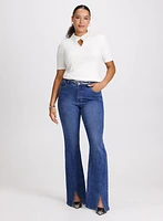 Embellished Collar Top & Flared Slit Jeans