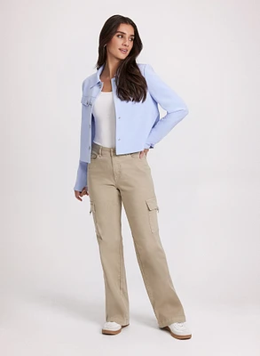 Cropped Embossed Button Jacket & Wide-Leg Cargo Pants