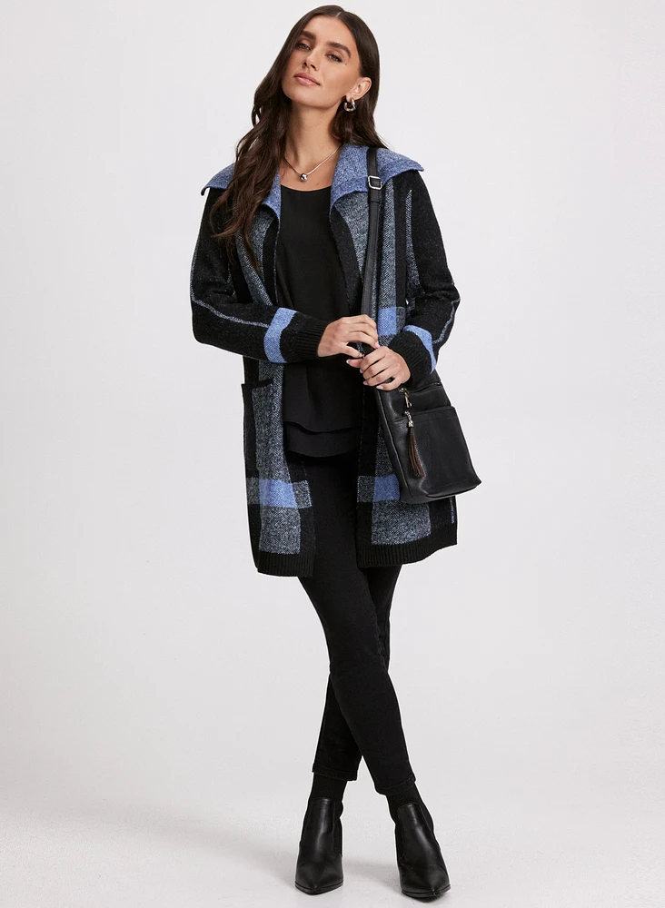 Plaid Print Open-Front Cardigan