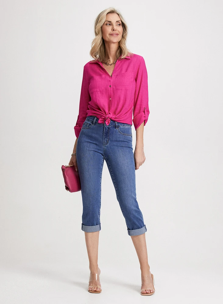 Linen-Blend Blouse & Rolled-Cuff Denim Capris