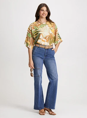 Tropical Blouse & Flared Denim Pants