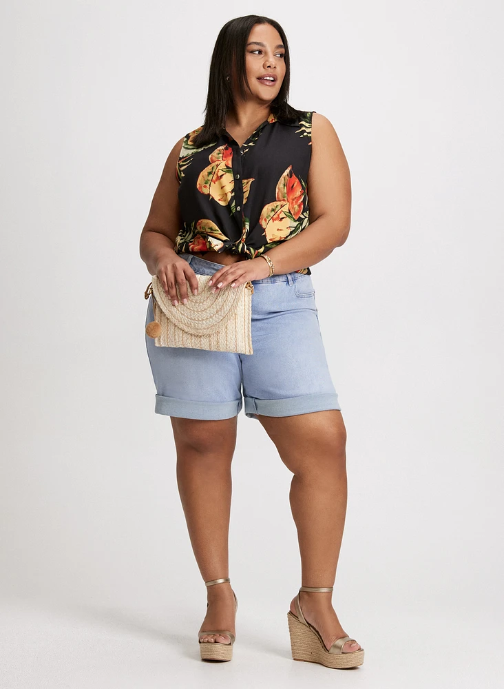 Sleeveless Leaf Print Blouse & Denim Bermuda Shorts