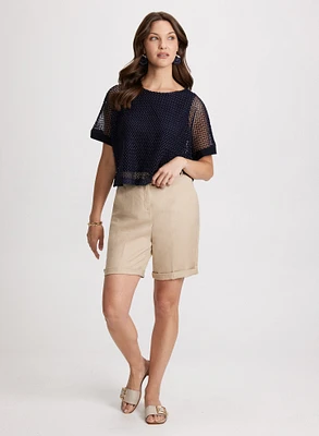 Short Sleeve Crochet Top & Straight Leg Shorts