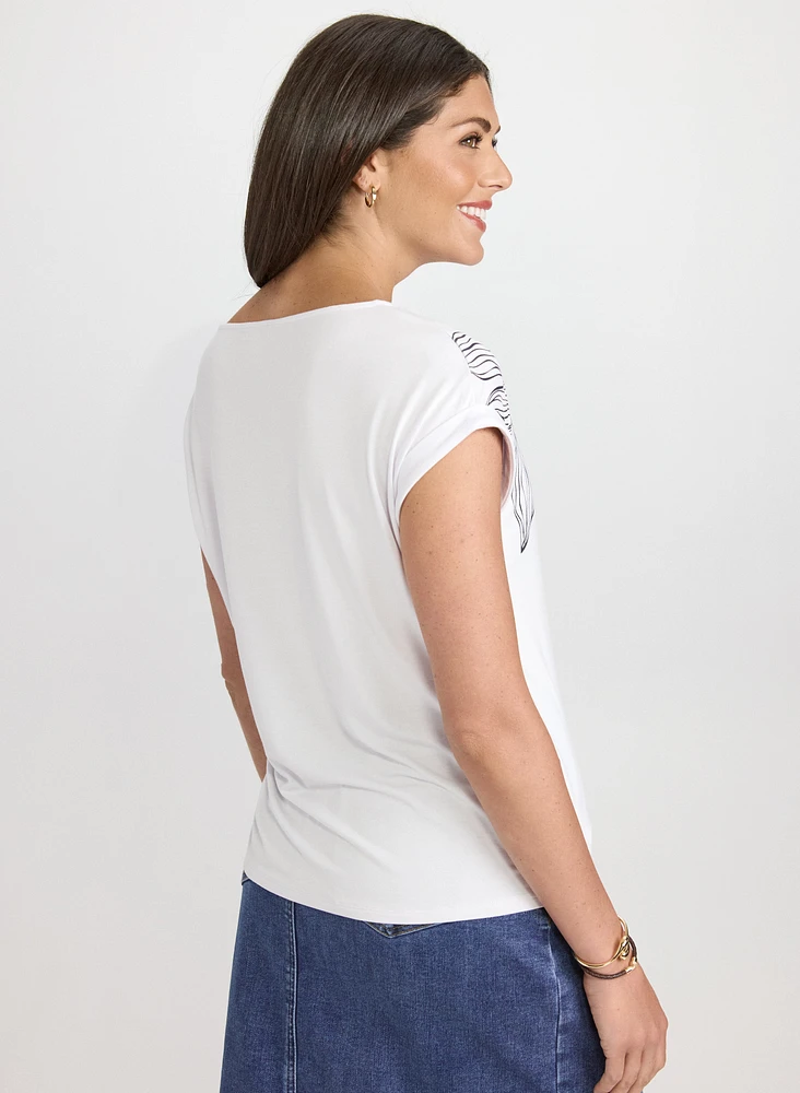 T-shirt à motif floral en esquisse