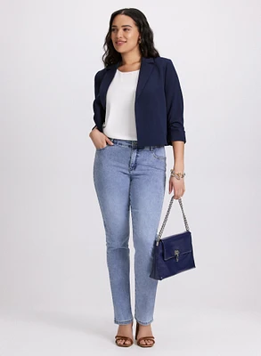 Open Front Blazer & Tonal Stone Embellished Straight-Leg Jeans