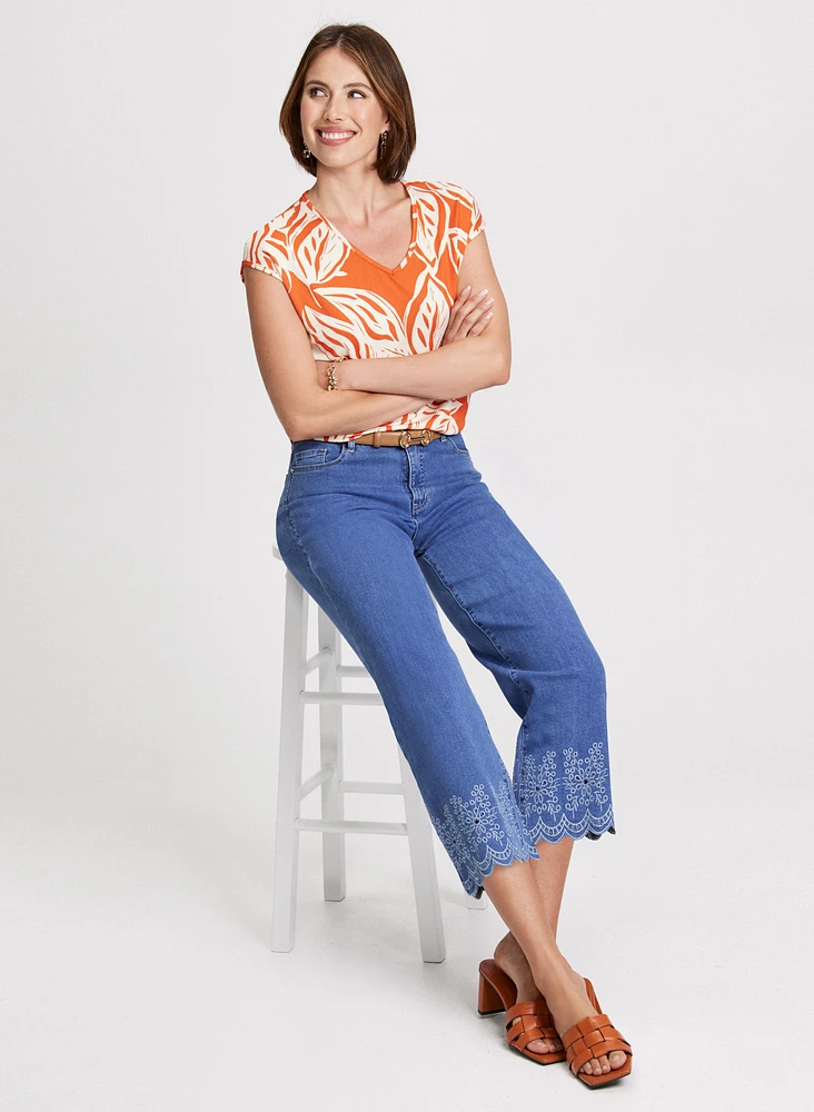 Leaf Print Top & Embroidered Hem Jeans