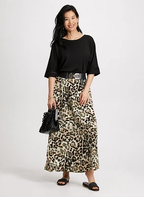 3/4 Sleeve Openwork Top & Long Leopard Print Skirt