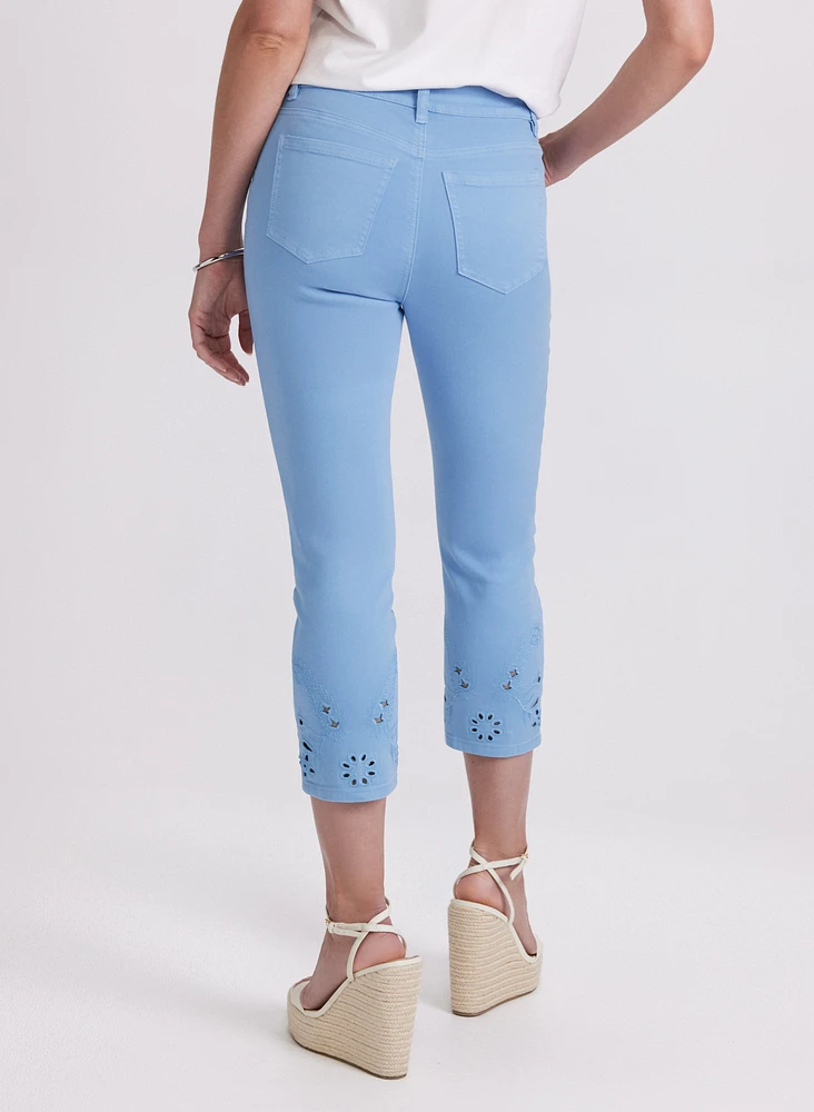 Denim Embroidered Hem Capris