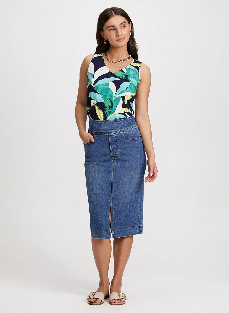 Tropical Print V-Neck Tank Top & Slit-Hem Denim Midi Skirt