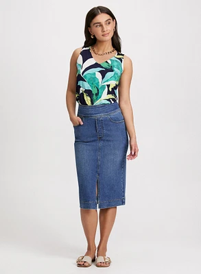 Tropical Print V-Neck Tank Top & Slit-Hem Denim Midi Skirt