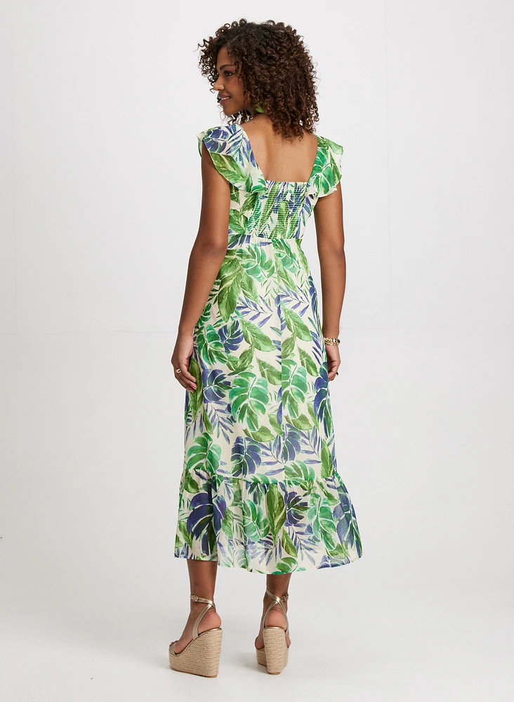 Ruffled Leaf Print Maxi Dress