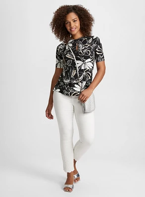 Leaf Print Top & Embroidered Jeans