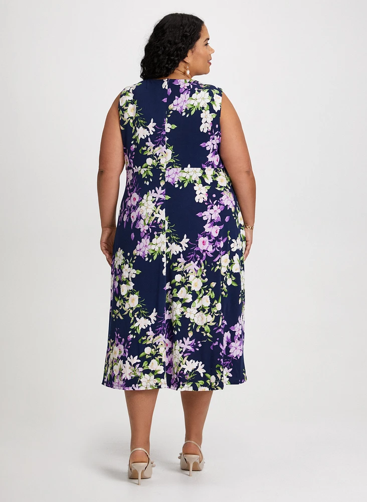 Pleated Neck Floral Dress