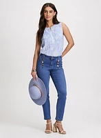 Sleeveless Floral Pleated Blouse & Button Trim Straight-Leg Jeans