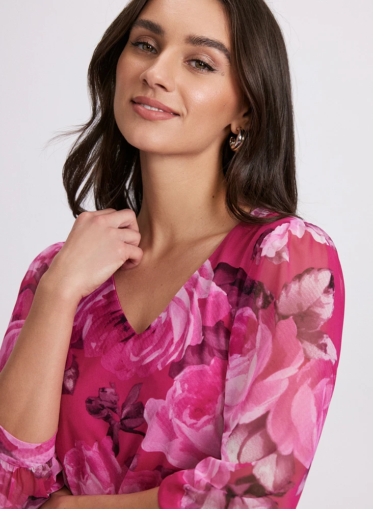 Mesh Rose Print Top