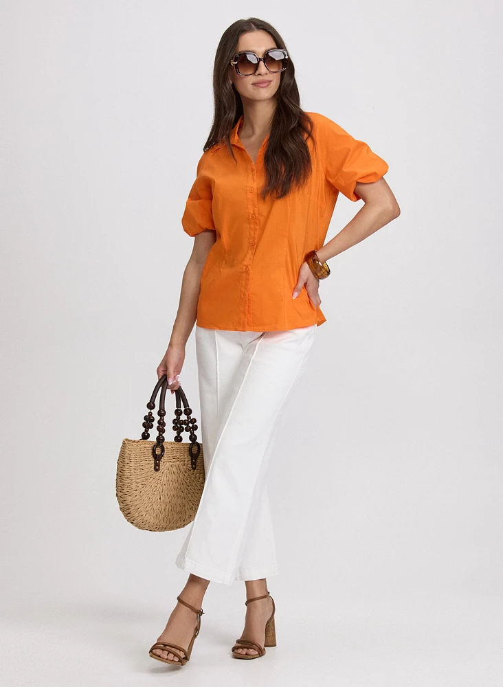 Cotton-Blend Puff-Sleeve Blouse