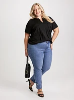 Split V-Neck Tee & Slit Hem Straight Leg Jeans