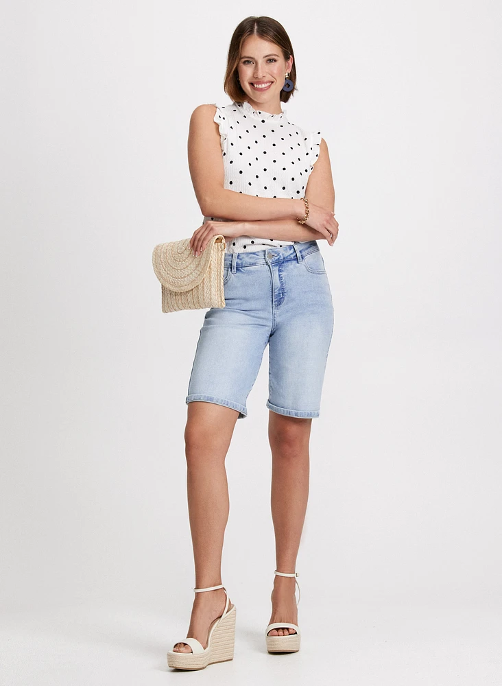 Polka Dot Print Top & Denim Bermuda Shorts