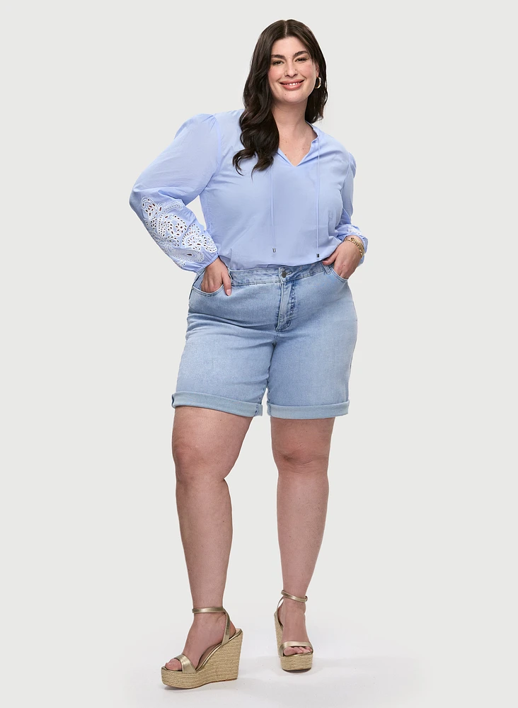 Embroidered Bouffant Sleeve Blouse & Denim Bermuda Shorts