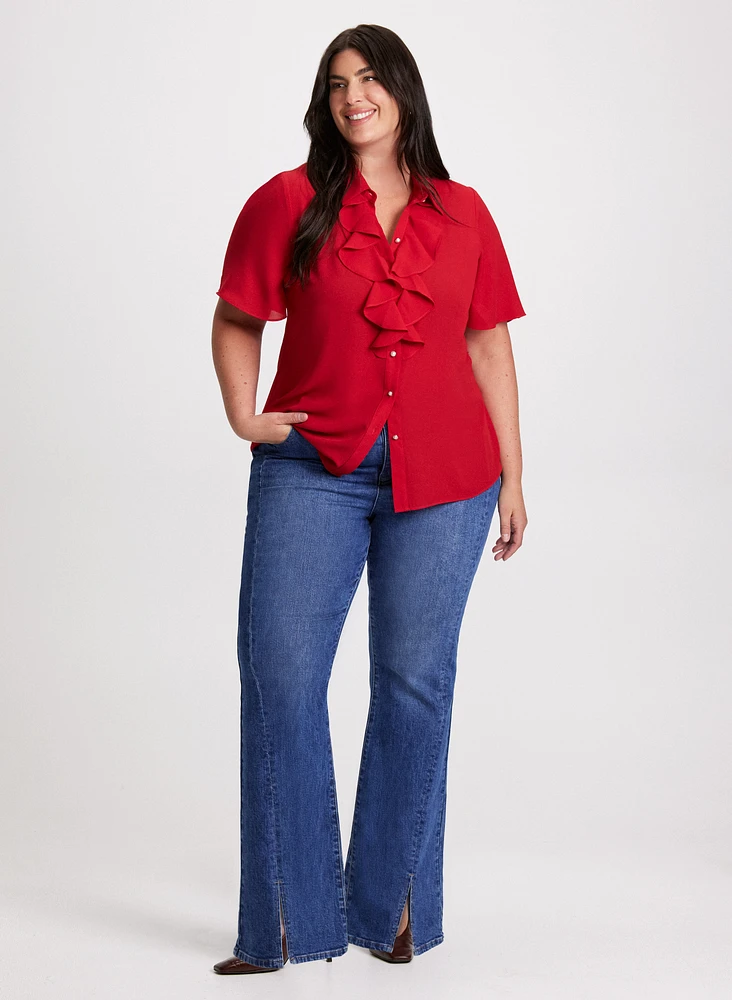 Ruffled Short Sleeve Blouse & High Rise Flared Leg Jeans