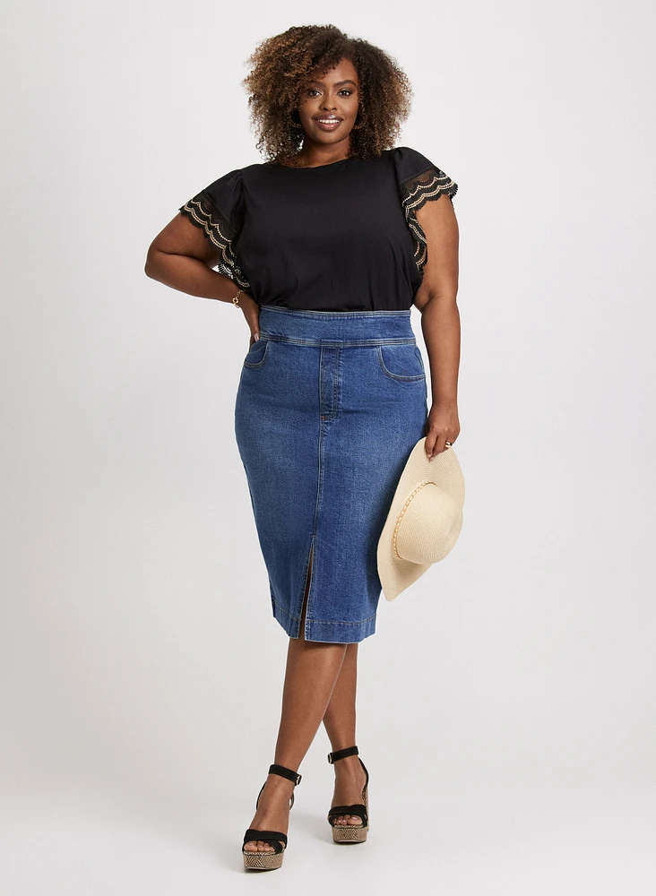 Denim Pencil Skirt & Crochet Trim Cap Sleeve T-Shirt