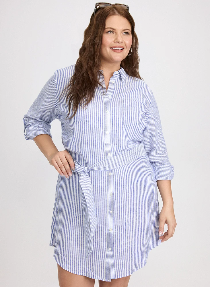 Robe-chemisier rayée en mélange de lin