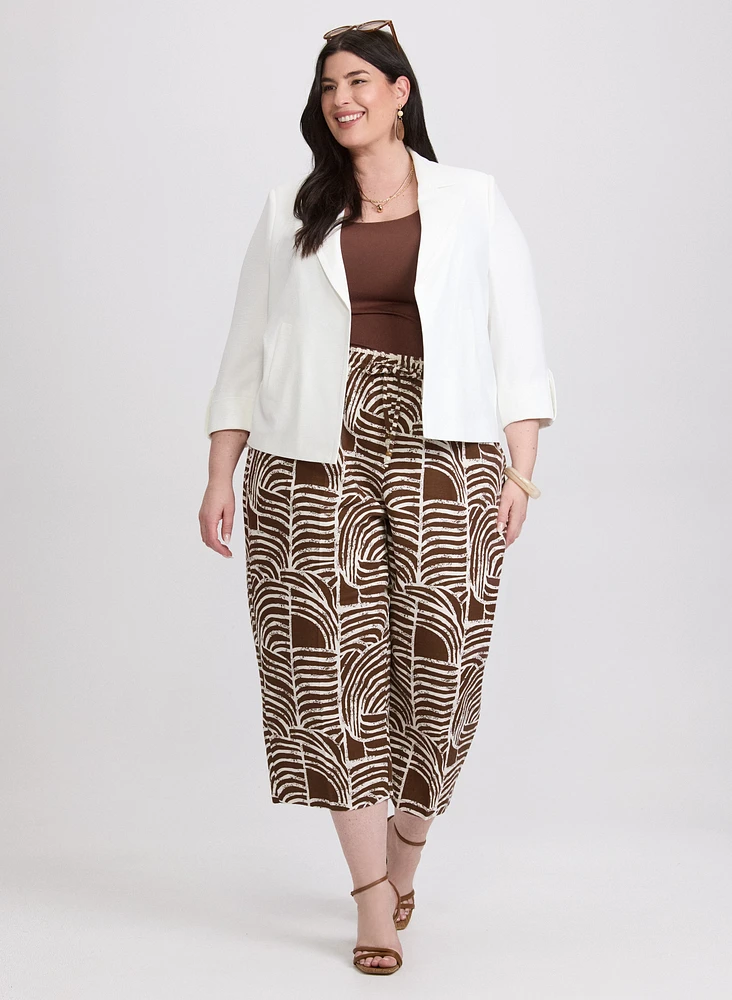Open Crinkle Jacket & Abstract Linen-Blend Culottes