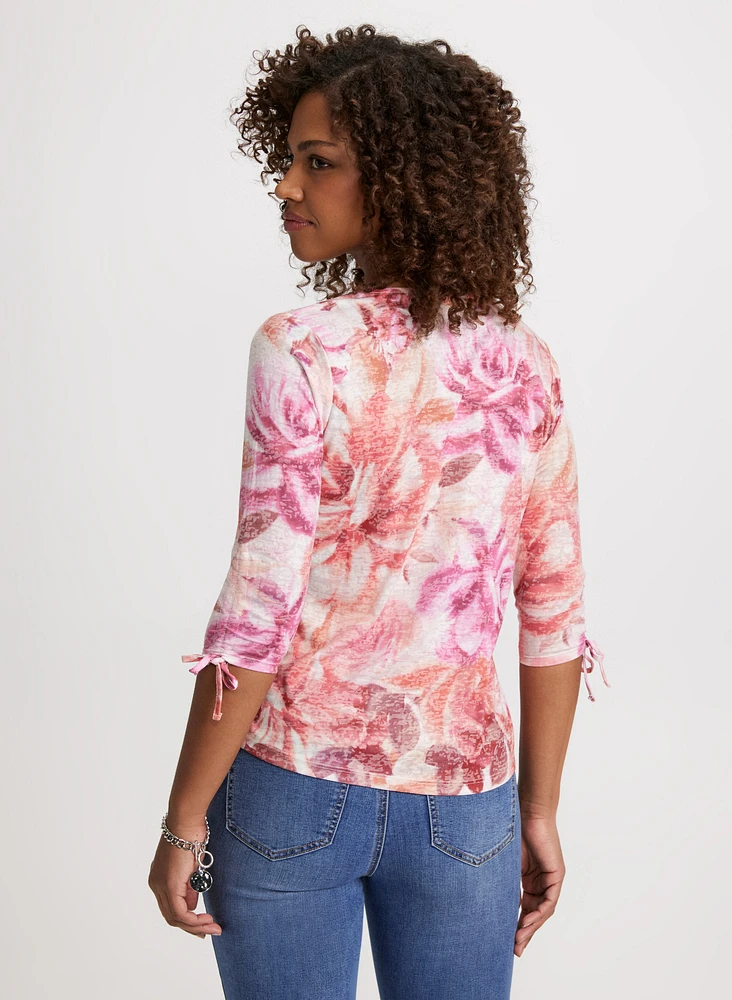 Floral Tee With Tie Sleeves