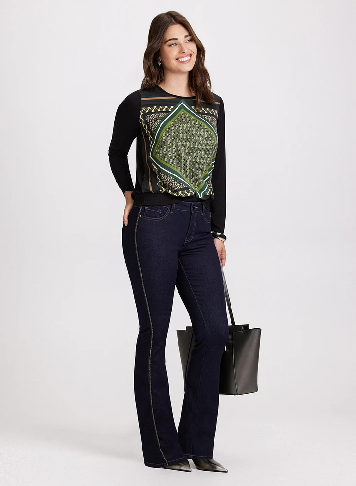 Geometric Print Top & Beaded Detail Jeans