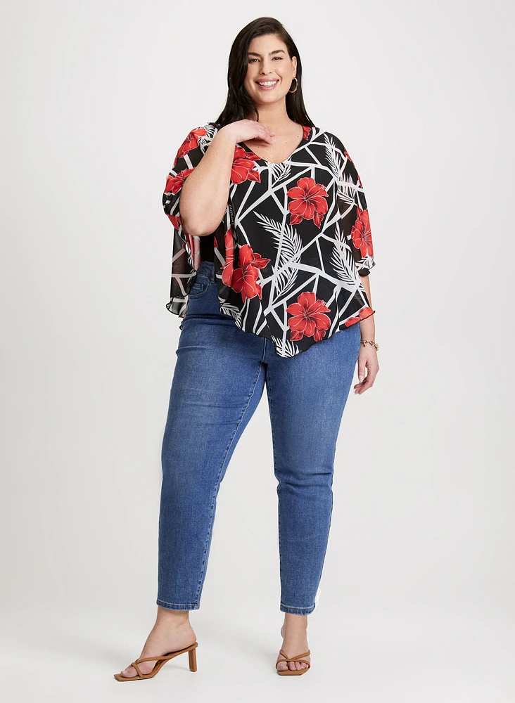 3/4 Sleeve Floral Poncho Blouse