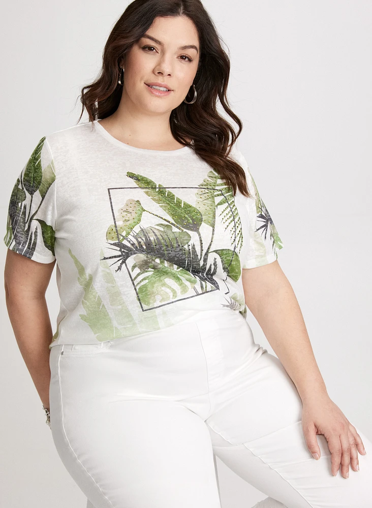 Tropical Print Burnout T-Shirt