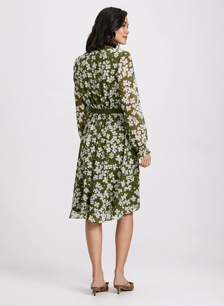 Floral Ruffle Front Shirt Dress