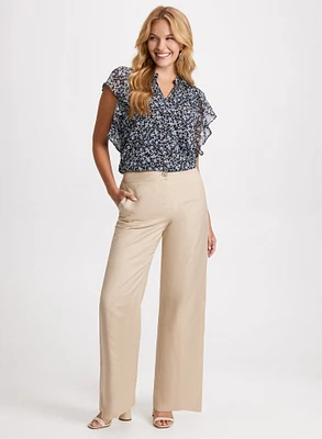 Floral Print Blouse & Linen-Blend Pants