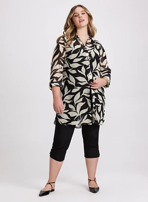 Leaf Print Button-Down Tunic Blouse