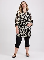 Leaf Print Button-Down Tunic Blouse