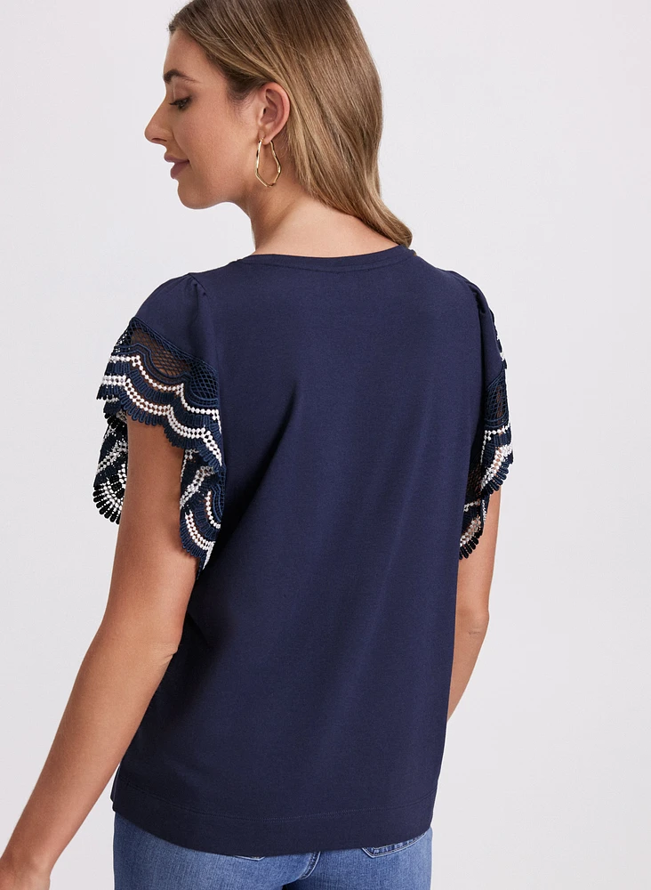 Crochet Trim Cap Sleeve T-Shirt