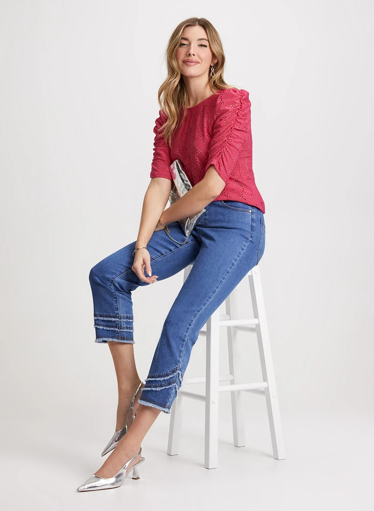 Shirred Eyelet Top & Frayed Denim Pants